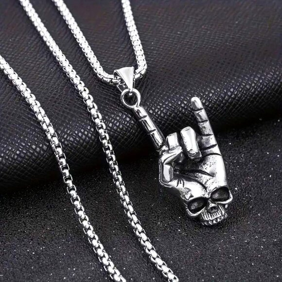 Necklace Hand Punk Edgy Rock Skull Pendant Gesture Metal Stainless Chain Trendy - Picture 2 of 5